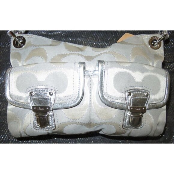 Coach 2011 Poppy Grey & Silver Metallic Signature Hippie Jacquard Bag Pushlock - Picture 7 of 12